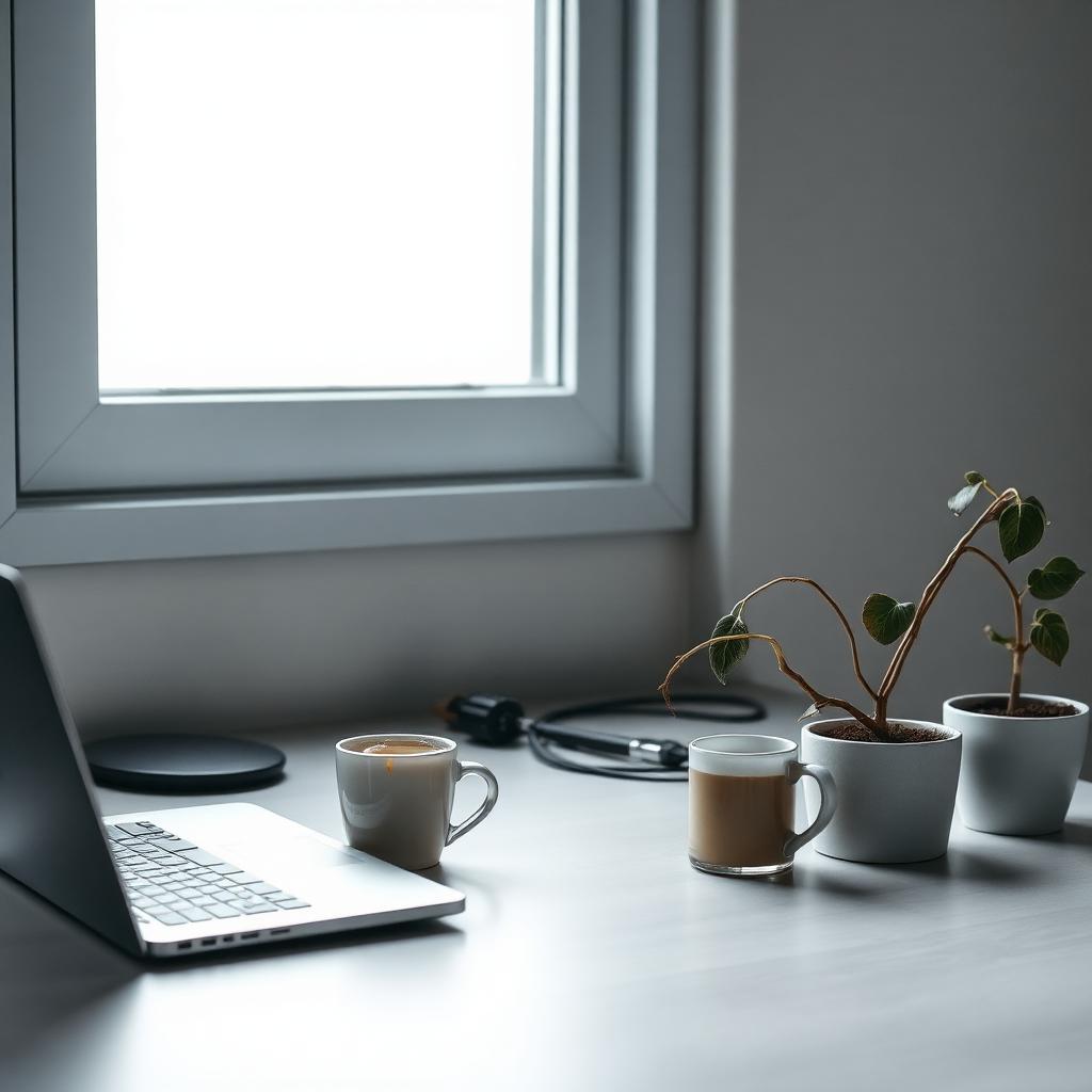 Escritorio vacío con laptop cerrado, café frío y una planta marchita