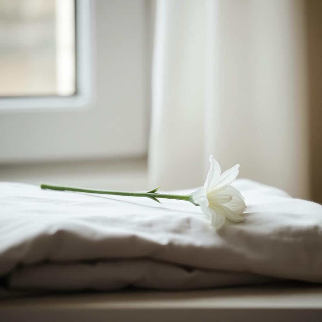 Una flor blanca reposando sobre un lienzo suave junto a una ventana