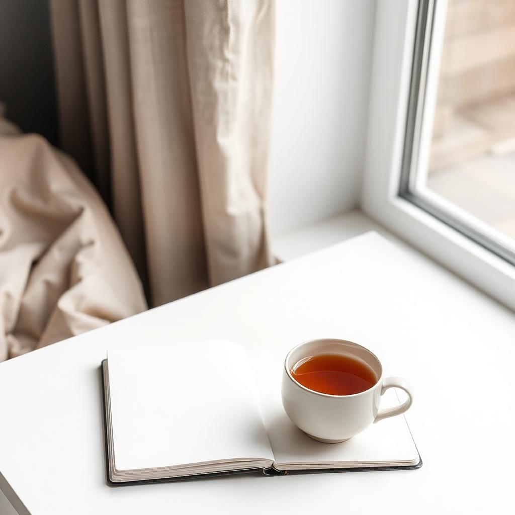 Cuaderno abierto junto a una taza de té sobre una mesa con luz natural