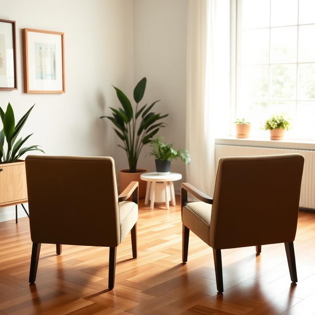 Dos sillones en una sala de consulta luminosa con plantas y suelo de madera